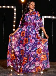 大碼印花蝴蝶袖連衣裙 - 紫色 - 查看 4