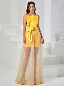 Missord Bow Front Mesh Overlay Party Dress - Yellow - View 1