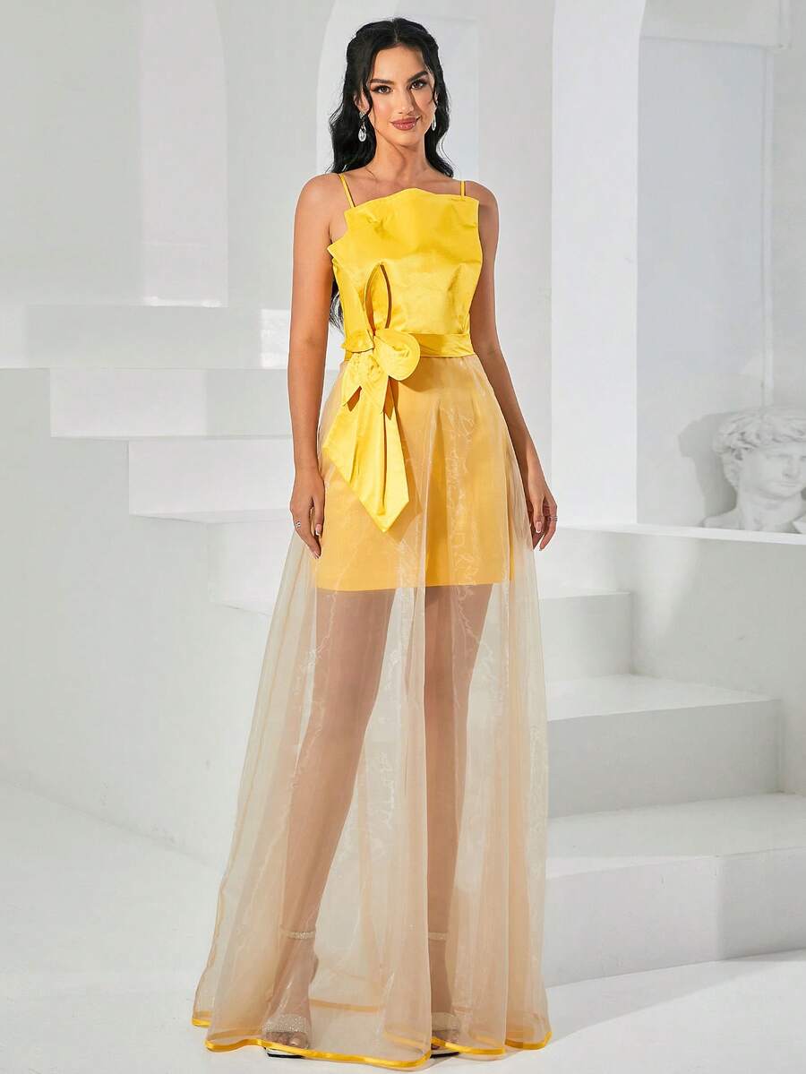Missord Bow Front Mesh Overlay Party Dress - Yellow - View 1