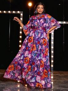 大碼印花蝴蝶袖連衣裙 - 紫色 - 查看 5