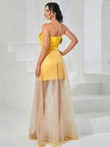 Missord Bow Front Mesh Overlay Party Dress - Yellow - View 2