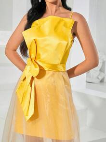 Missord Bow Front Mesh Overlay Party Dress - Yellow - View 3