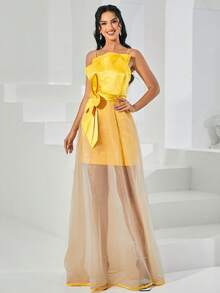 Missord Bow Front Mesh Overlay Party Dress - Yellow - View 4