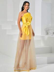 Missord Bow Front Mesh Overlay Party Dress - Yellow - View 5