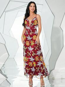 Missord Cami Kleid mit Blume Muster, Paillette, - Bordeaux - Übersicht 3