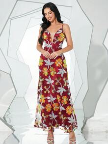 Missord Cami Kleid mit Blume Muster, Paillette, - Bordeaux - Übersicht 4