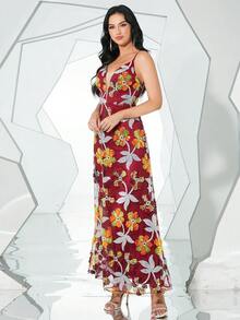 Missord Cami Kleid mit Blume Muster, Paillette, - Bordeaux - Übersicht 5