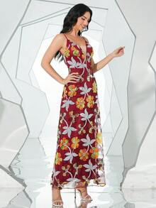 Missord Cami Kleid mit Blume Muster, Paillette, - Bordeaux - Übersicht 7