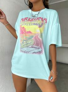 StreetHx Đồ họa ô tô & chữ cái Áo thun trễ vai ARIZONA GO RETRO BÊN CAO BỒNG TÂY NAM - Màu xanh lam - Xem 3