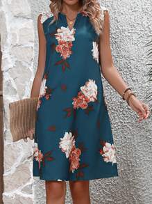 SHEIN LUNE 印花缺口領連衣裙 - 青碧色 - 查看 3