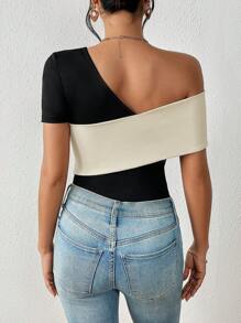SHEIN Privé Two Tone Asymmetrical Neck Bodysuit - Black - View 2