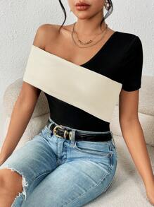 SHEIN Privé Two Tone Asymmetrical Neck Bodysuit - Black - View 3