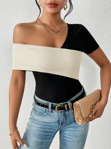 SHEIN Privé Two Tone Asymmetrical Neck Bodysuit - Black - View 5