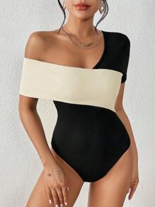 SHEIN Privé Two Tone Asymmetrical Neck Bodysuit - Black - View 6