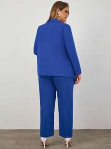 RueChic Plus Shawl Collar Double Breasted Blazer & Pants - Blue - View 2