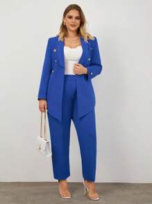 RueChic Plus Shawl Collar Double Breasted Blazer & Pants - Blue - View 4