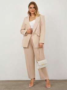 EURMUSE Plus Solid Double Breasted Blazer & Pants - Apricot - View 3