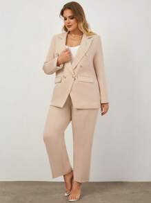 EURMUSE Plus Solid Double Breasted Blazer & Pants - Apricot - View 1