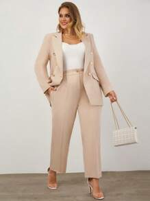 EURMUSE Plus Solid Double Breasted Blazer & Pants - Apricot - View 4