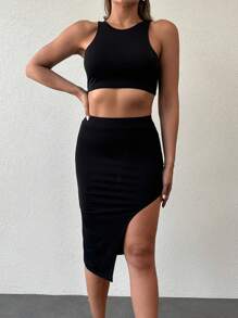 EURMUSE Solid Crop Tank Top & Split Thigh Skirt - Black - View 1