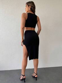 EURMUSE Solid Crop Tank Top & Split Thigh Skirt - Black - View 2
