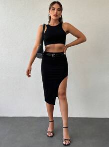 EURMUSE Solid Crop Tank Top & Split Thigh Skirt - Black - View 3