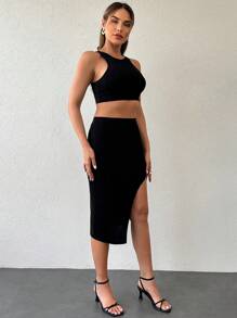 EURMUSE Solid Crop Tank Top & Split Thigh Skirt - Black - View 4