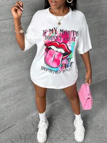 Slaydiva Lip & Slogan Graphic Drop Shoulder Tee IF MY MOUTH DOESN'T SAY IT MY FACE DEFINITELY WILL