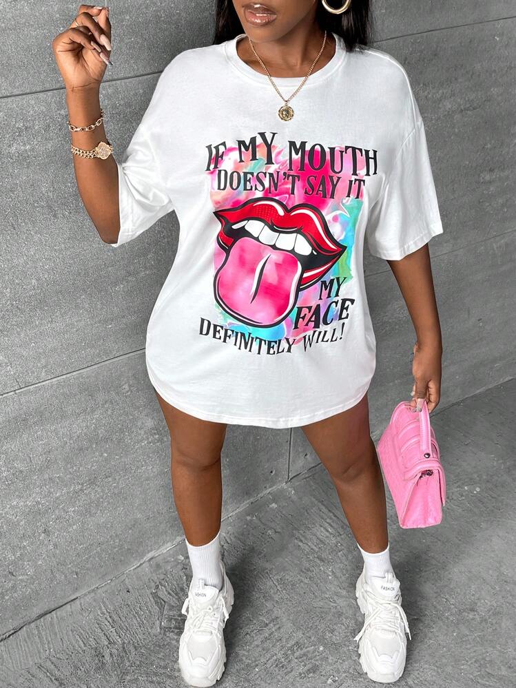 Slaydiva T-shirt à manches raglan avec graphiques de lèvres et de slogan SI MA BOUCHE NE LE DIT PAS, MON VISAGE LE FERA SÛREMENT - Blanc - Voir 4