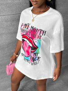 Slaydiva Lip & Slogan Graphic Drop Shoulder Tee IF MY MOUTH DOESN'T SAY IT MY FACE DEFINITELY WILL