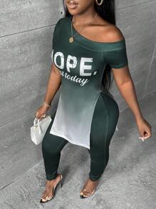 Slaydiva Bóng Đồ họa Chữ cái Cổ không đối xứng Viền chia cắt Áo thun và Leggings - Nhiều màu - Xem 3