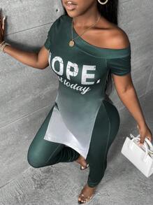 Slaydiva Bóng Đồ họa Chữ cái Cổ không đối xứng Viền chia cắt Áo thun và Leggings - Nhiều màu - Xem 6