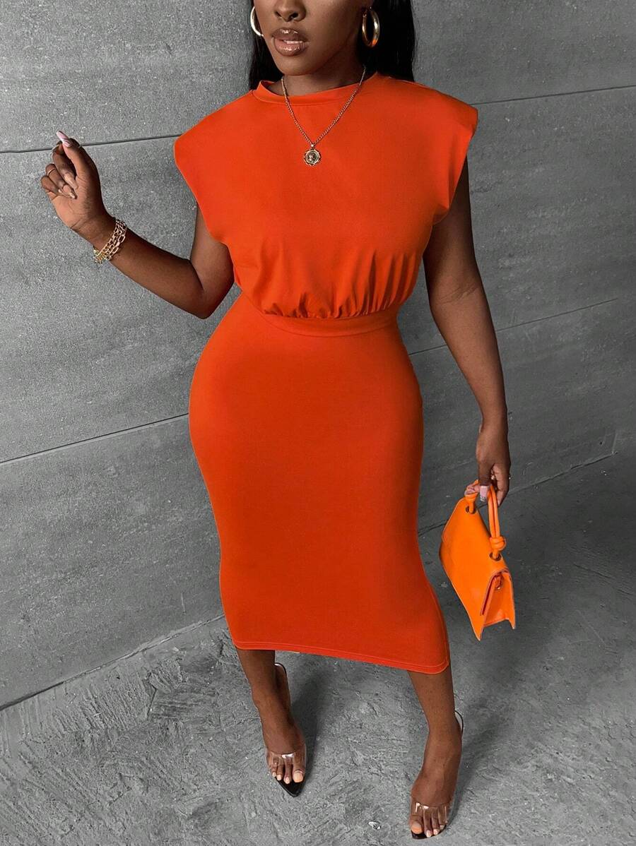 Slaydiva Solid Shoulder Padded Tank Top & Pencil Skirt - Orange - View 1
