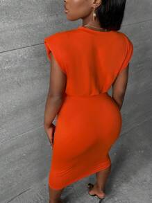 Slaydiva Solid Shoulder Padded Tank Top & Pencil Skirt - Orange - View 2