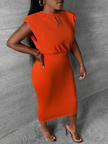 Slaydiva Solid Shoulder Padded Tank Top & Pencil Skirt - Orange - View 5