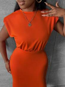 Slaydiva Solid Shoulder Padded Tank Top & Pencil Skirt - Orange - View 6
