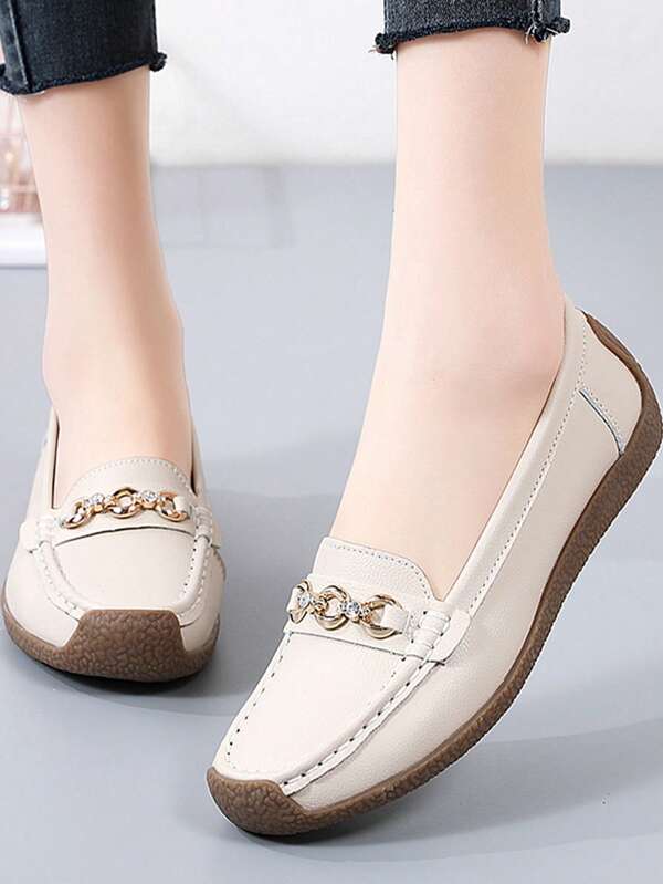 Women Rhinestone & Chain Decor Slip-on Flats, Elegant Outdoor Flat Loafers
