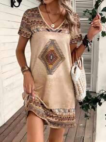 EMERY ROSE Geo Print V Neck Tee Dress - Khaki - View 1