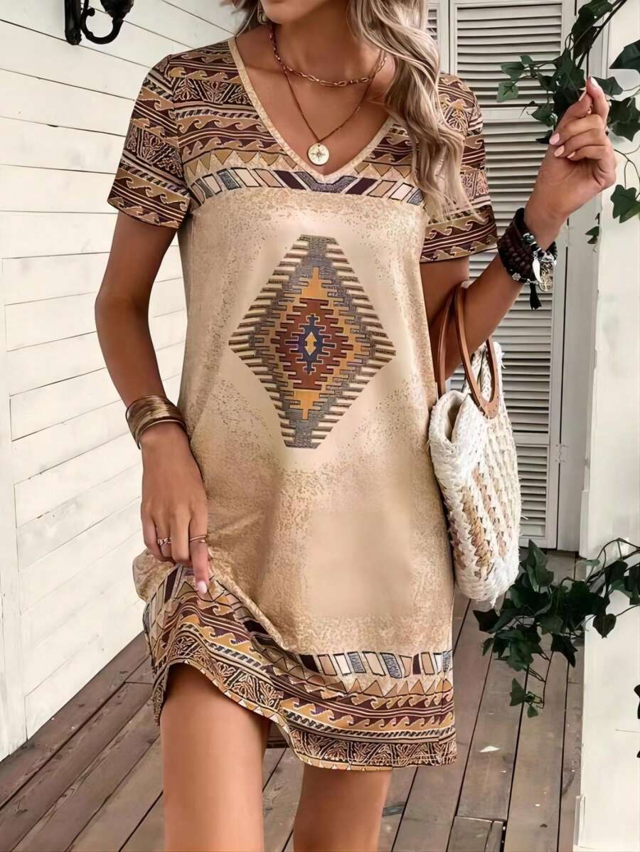 EMERY ROSE Geo Print V Neck Tee Dress - Khaki - View 1
