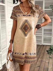 EMERY ROSE Geo Print V Neck Tee Dress - Khaki - View 3
