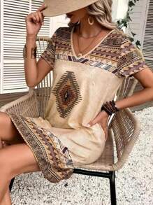 EMERY ROSE Geo Print V Neck Tee Dress - Khaki - View 6