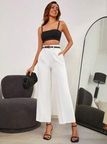 EURMUSE Solid Wide Leg Pants - White - View 4