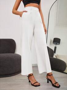 EURMUSE Solid Wide Leg Pants - White - View 5