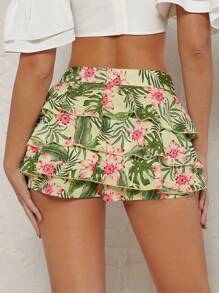 SHEIN Unity 夏季度假热带印花多层下摆迷你短裙 - 綠色 - 查看 2