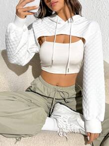 SHEIN EZwear Solid Super Crop Drawstring Hoodie Without Cami Top - White - View 1