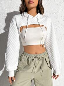 SHEIN EZwear Solid Super Crop Drawstring Hoodie Without Cami Top - White - View 4