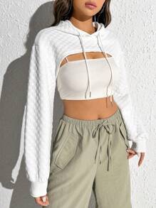 SHEIN EZwear Solid Super Crop Drawstring Hoodie Without Cami Top - White - View 5