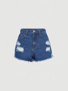 SHEIN Cô gái tuổi teen Quần short denim với các đường viền thô rách - Rửa trung bình - Xem 1