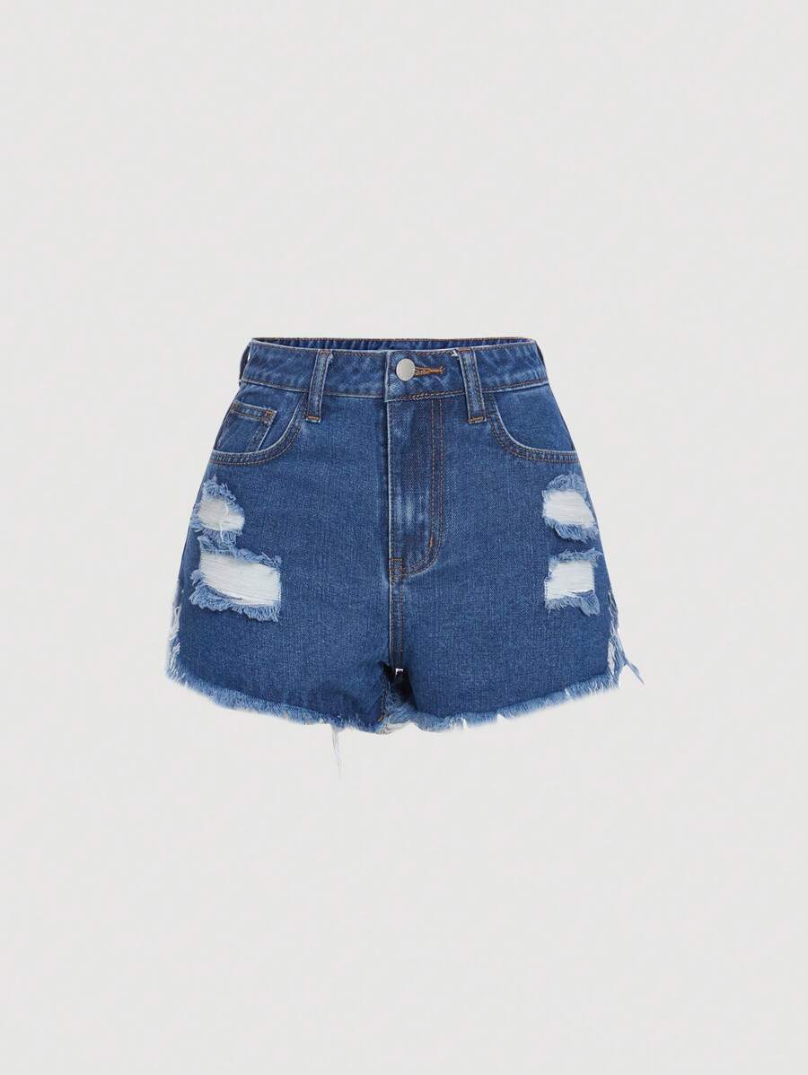 SHEIN Cô gái tuổi teen Quần short denim với các đường viền thô rách - Rửa trung bình - Xem 1