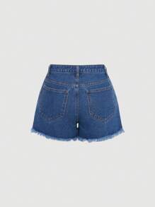 SHEIN Cô gái tuổi teen Quần short denim với các đường viền thô rách - Rửa trung bình - Xem 2